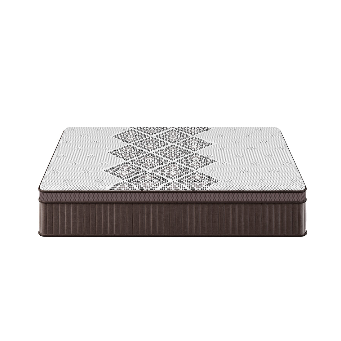 Thalia Double 30cm Memory Foam Pocket Spring Mattress features a quilted top with a dark geometric pattern and dark-brown side panels, designed for medium-firm support and comfort.