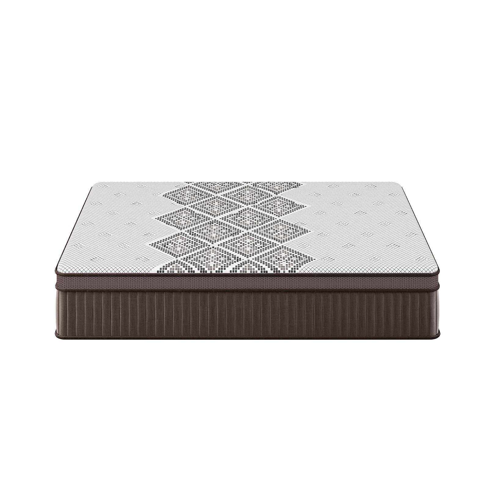 Thalia Double 30cm Memory Foam Pocket Spring Mattress features a quilted top with a dark geometric pattern and dark-brown side panels, designed for medium-firm support and comfort.