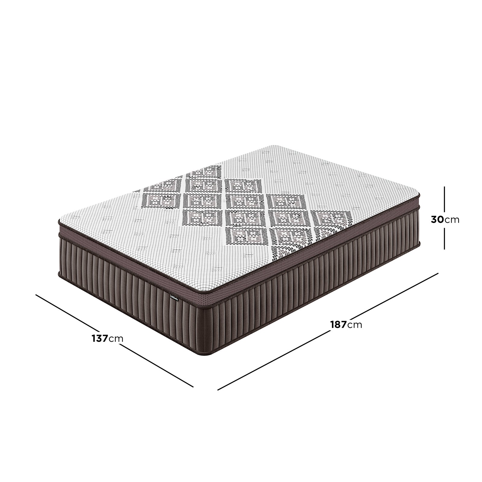 Thalia Double 30cm Memory Foam Pocket Spring Mattress, showcasing 187 cm length, 137 cm width, and 30 cm height, with a patterned white top and quilted dark-brown sides for plush comfort.