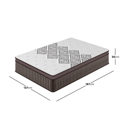 Thalia Double 30cm Memory Foam Pocket Spring Mattress, showcasing 187 cm length, 137 cm width, and 30 cm height, with a patterned white top and quilted dark-brown sides for plush comfort.