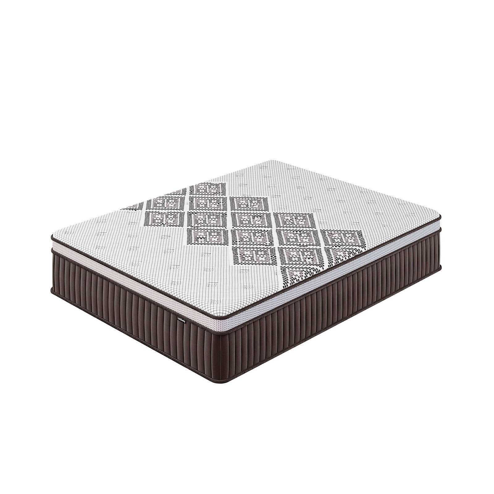 Thalia Queen 30cm Memory Foam Pocket Spring Mattress in Med, showcasing a quilted geometric top and brown channel-stitched sides, designed for optimal comfort and support with a nine-layer construction.