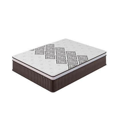 Thalia Queen 30cm Memory Foam Pocket Spring Mattress in Med, showcasing a quilted geometric top and brown channel-stitched sides, designed for optimal comfort and support with a nine-layer construction.