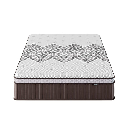 Thalia Queen 30cm Memory Foam Pocket Spring Mattress features a quilted, diamond-patterned top and dark brown, vertically stitched sides, embodying luxurious comfort and robust support for an enhanced sleeping experience.