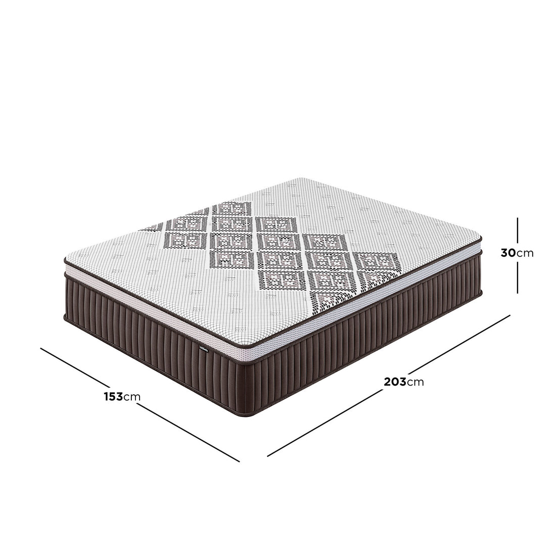 Thalia Queen 30cm Memory Foam Pocket Spring Mattress showcased in perspective, highlighting its white patterned top and brown sides, with dimensions of 153 cm by 203 cm by 30 cm.