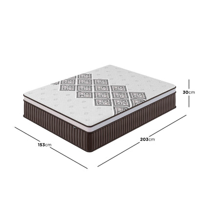 Thalia Queen 30cm Memory Foam Pocket Spring Mattress showcased in perspective, highlighting its white patterned top and brown sides, with dimensions of 153 cm by 203 cm by 30 cm.