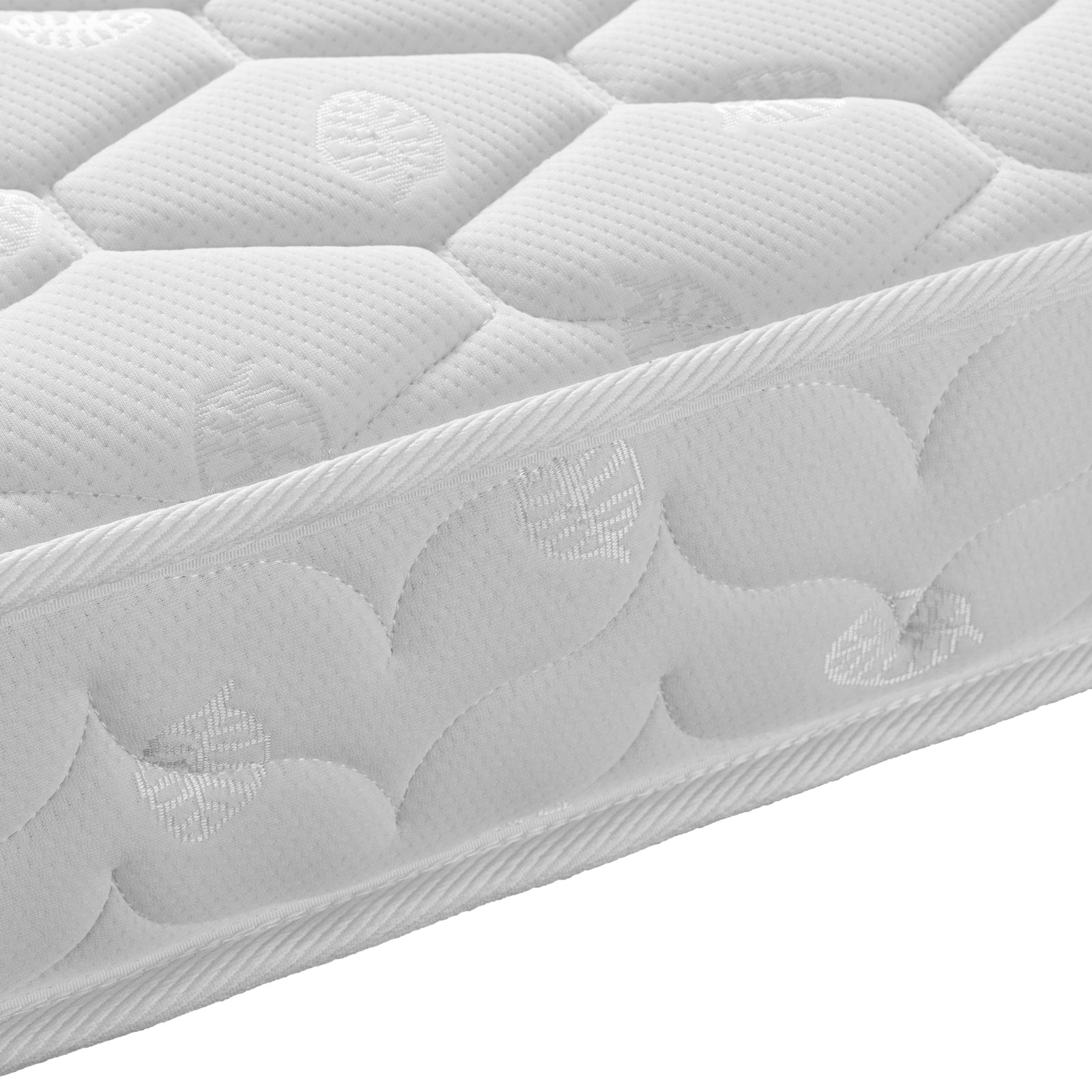 Close-up of Thermis Single 15cm Hypoallergenic Mattress in Medium Firm, showcasing quilted, padded fabric cover, textured surface, and stitched side panel, emphasizing comfort and support features.
