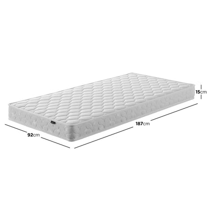 Thermis Single 15cm Hypoallergenic Mattress in Medium Firm; a quilted, white single-sized mattress with reinforced edges, showcasing its pocket spring system and high-density foam for optimal support and comfort.