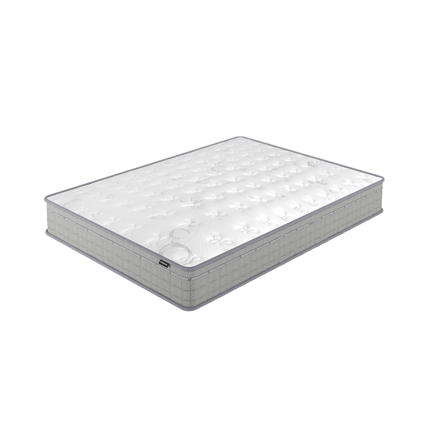 Thetis Double 25cm Pocket Spring Latex Mattress in Med Firm features a quilted white top and gray-textured sides, offering medium firm support with enhanced spinal alignment and temperature regulation.