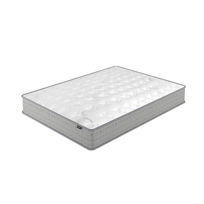 Thetis Double 25cm Pocket Spring Latex Mattress in Med Firm features a quilted white top and gray-textured sides, offering medium firm support with enhanced spinal alignment and temperature regulation.