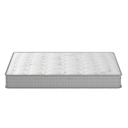Thetis Double 25cm Pocket Spring Latex Mattress in Med Firm, featuring a white quilted top and light-gray side panels, viewed from a low angle against a plain white background.