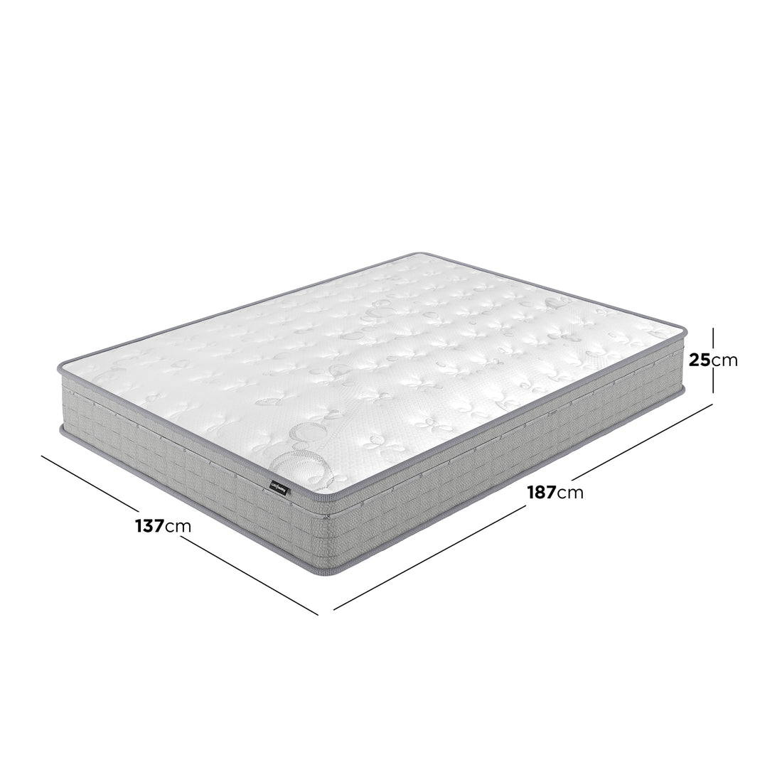 Thetis Double 25cm Pocket Spring Latex Mattress in Med Firm, rectangular with labeled dimensions of 137 cm wide, 187 cm long, and 25 cm thick, designed for enhanced spinal support and comfort.