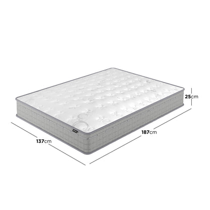 Thetis Double 25cm Pocket Spring Latex Mattress in Med Firm, rectangular with labeled dimensions of 137 cm wide, 187 cm long, and 25 cm thick, designed for enhanced spinal support and comfort.