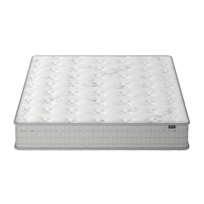 Thetis King 25cm Pocket Spring Latex Mattress in Med Firm, showcasing a quilted, padded top with circular stitch patterns and thick gray side panels, emphasizing luxurious comfort and support.