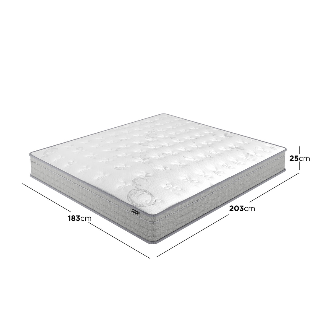 Thetis King 25cm Pocket Spring Latex Mattress in Med Firm, rectangular with tuft-padded quilted cover, dimensions labeled: 203cm length, 183cm width, 25cm thickness, highlighting its supportive and breathable design.