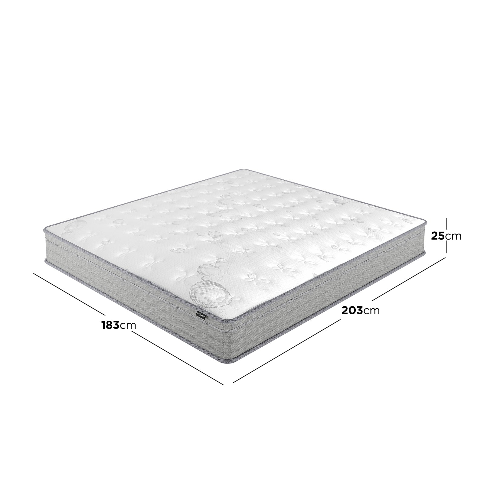Thetis King 25cm Pocket Spring Latex Mattress in Med Firm, rectangular with tuft-padded quilted cover, dimensions labeled: 203cm length, 183cm width, 25cm thickness, highlighting its supportive and breathable design.