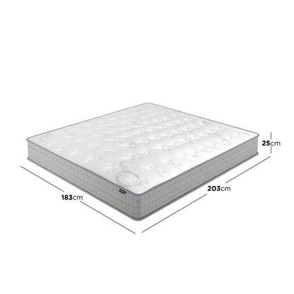 Thetis King 25cm Pocket Spring Latex Mattress in Med Firm, rectangular with tuft-padded quilted cover, dimensions labeled: 203cm length, 183cm width, 25cm thickness, highlighting its supportive and breathable design.