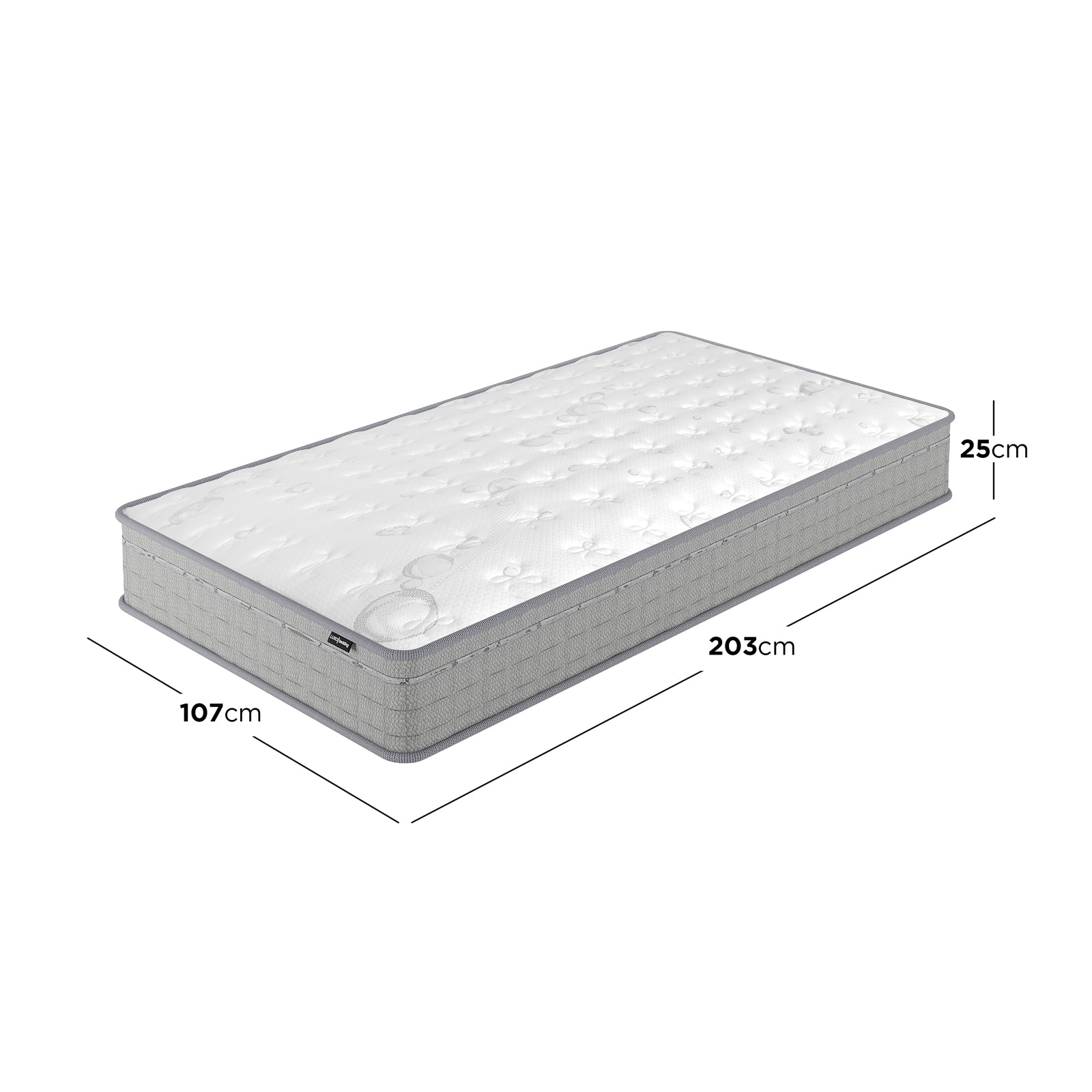 Thetis King Single 25cm Pocket Spring Latex Mattress features a white quilted top with floral patterns and light gray woven sides, shown at an angle with visible dimensions for detailed sizing.