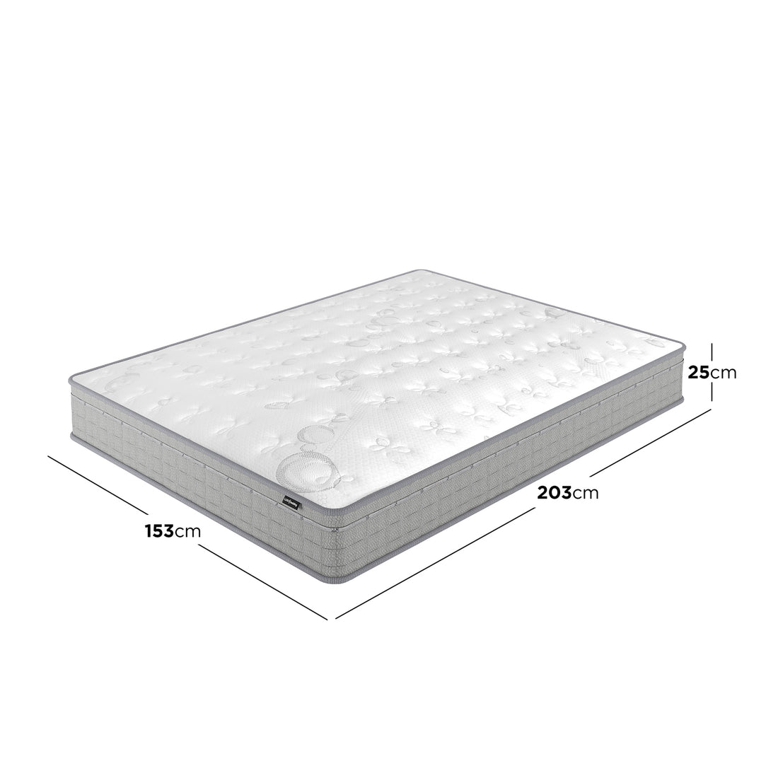 Thetis Queen 25cm Pocket Spring Latex Mattress in Med Firm, featuring a white quilted top with light-grey sides, dimensions: 153cm width, 203cm length, 25cm height, highlighting comfort and support.