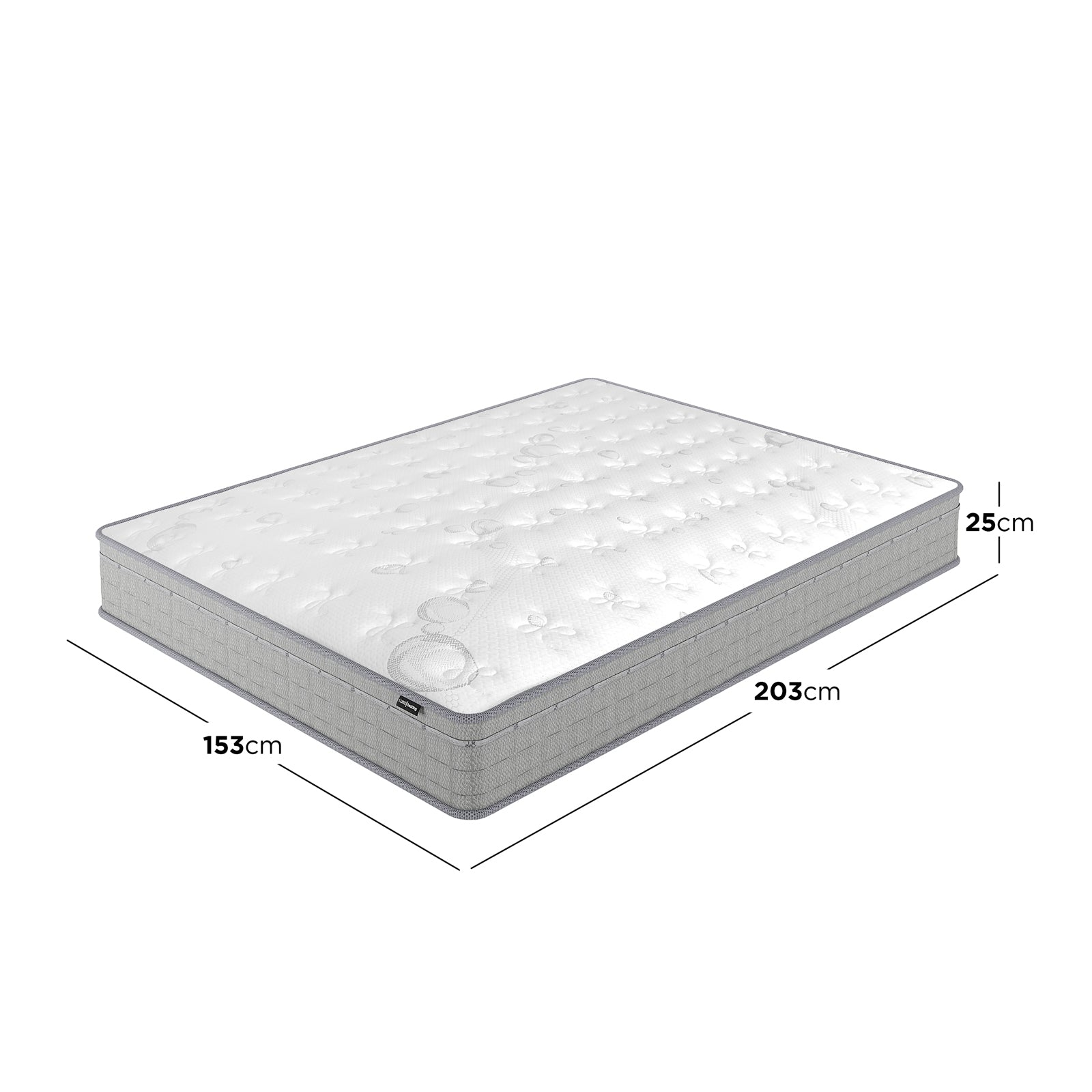 Thetis Queen 25cm Pocket Spring Latex Mattress in Med Firm, featuring a white quilted top with light-grey sides, dimensions: 153cm width, 203cm length, 25cm height, highlighting comfort and support.