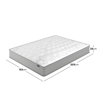 Thetis Queen 25cm Pocket Spring Latex Mattress in Med Firm, featuring a white quilted top with light-grey sides, dimensions: 153cm width, 203cm length, 25cm height, highlighting comfort and support.