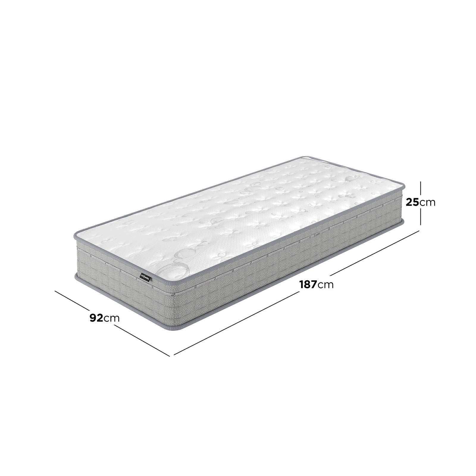 Thetis Single 25cm Pocket Spring Latex Mattress in Med Firm features a white quilted top with subtle tufting and light-gray side fabric, showcasing a 5-zone support system for optimal comfort.