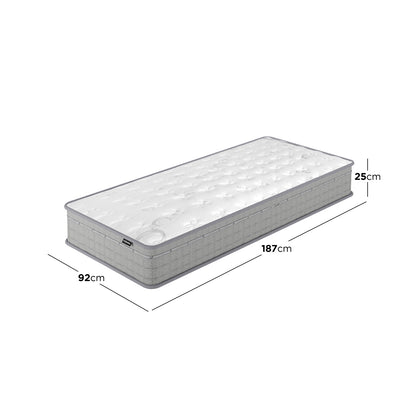 Thetis Single 25cm Pocket Spring Latex Mattress in Med Firm features a white quilted top with subtle tufting and light-gray side fabric, showcasing a 5-zone support system for optimal comfort.