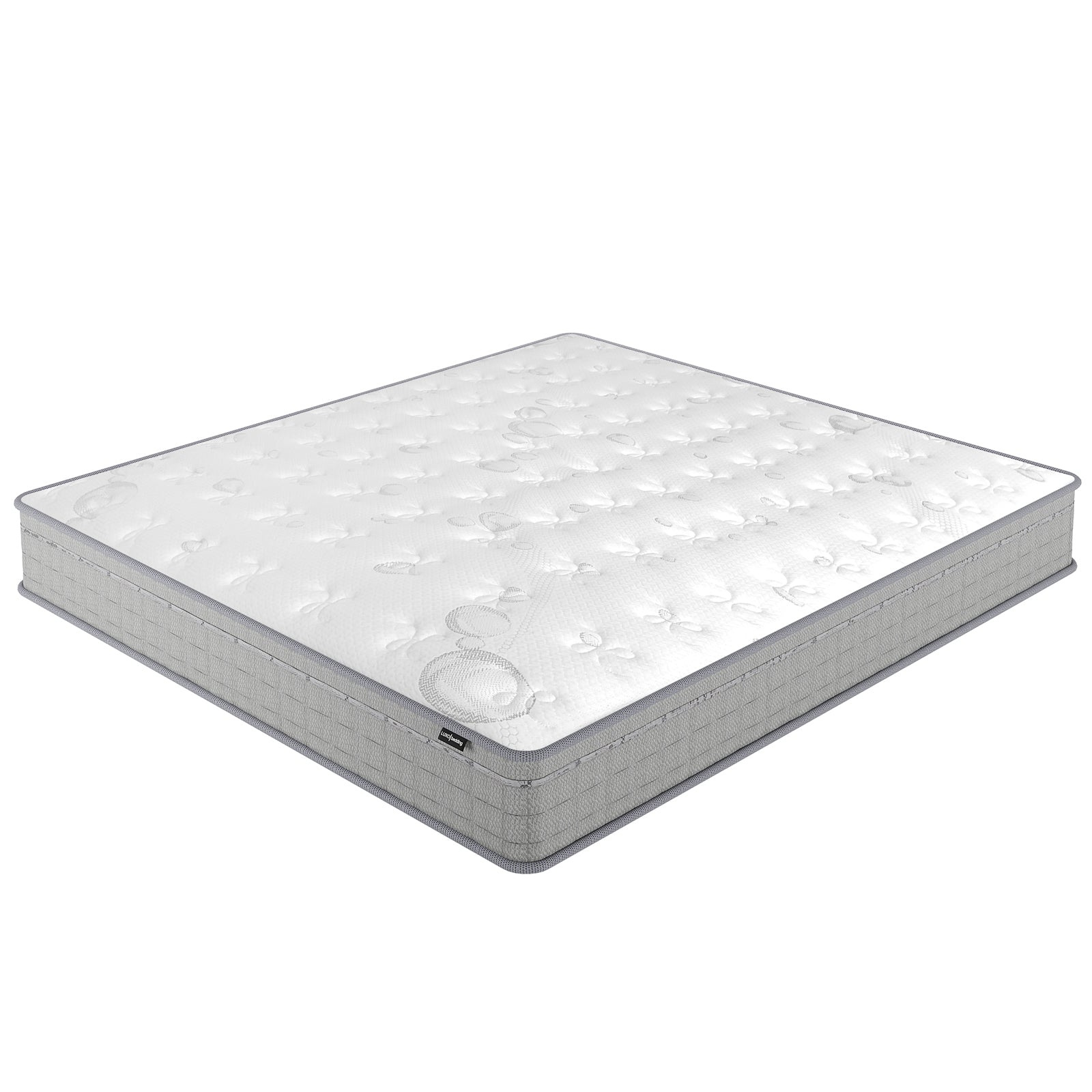 Thetis Super King 25cm Pocket Spring Latex Mattress features a quilted white top with circular patterns and light gray side panels, epitomizing comfort and support with its medium-firm, 25cm thick design.