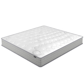 Thetis Super King 25cm Pocket Spring Latex Mattress features a quilted white top with circular patterns and light gray side panels, epitomizing comfort and support with its medium-firm, 25cm thick design.