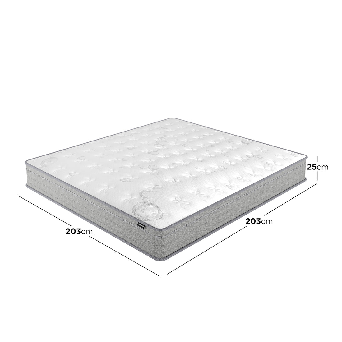 Thetis Super King 25cm Pocket Spring Latex Mattress, featuring a quilted top and gray side panels, shown in three-quarter view. Dimensions: 203x203x25cm, highlighting its spacious, supportive design.