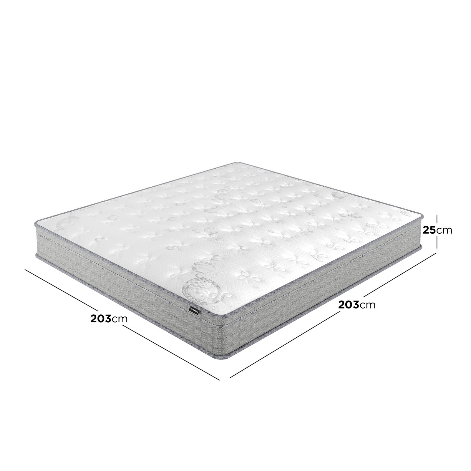 Thetis Super King 25cm Pocket Spring Latex Mattress, featuring a quilted top and gray side panels, shown in three-quarter view. Dimensions: 203x203x25cm, highlighting its spacious, supportive design.