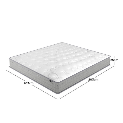 Thetis Super King 25cm Pocket Spring Latex Mattress, featuring a quilted top and gray side panels, shown in three-quarter view. Dimensions: 203x203x25cm, highlighting its spacious, supportive design.
