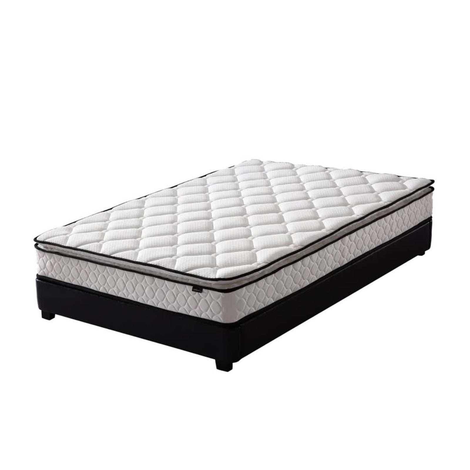 Luxo Venus Double Firm Pocket Spring Pillow Top Mattress featuring a sturdy design with a white surface and black trim, showcasing its supportive structure and pillow top for enhanced comfort and durability.