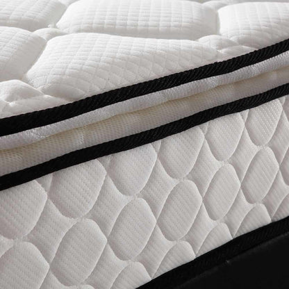 Close-up of the Luxo Venus Double Firm Pocket Spring Pillow Top Mattress, showcasing its firm foam pillow top and high-density pocket springs, designed for enhanced support and breathability.