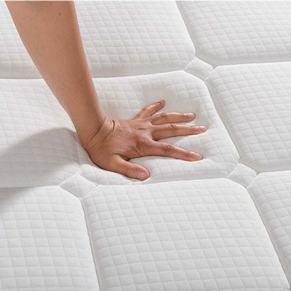 Hand pressing Luxo Venus Double Firm Pocket Spring Pillow Top Mattress, showcasing thick pocket springs and firm foam top for support. Emphasizes durable, breathable fabric cover and reinforced edges for lasting performance.