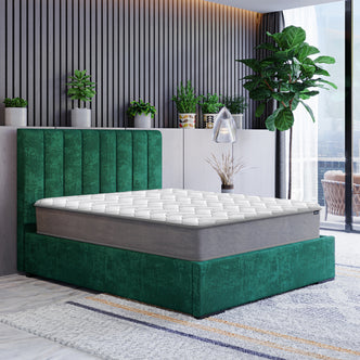 Vesta Double 20cm Medium Firm Pocket Spring Latex Mattress displayed upright. Encased in breathable fabric with visible edge support, highlighting its medium firmness and layered pocket spring design for optimal comfort and durability.