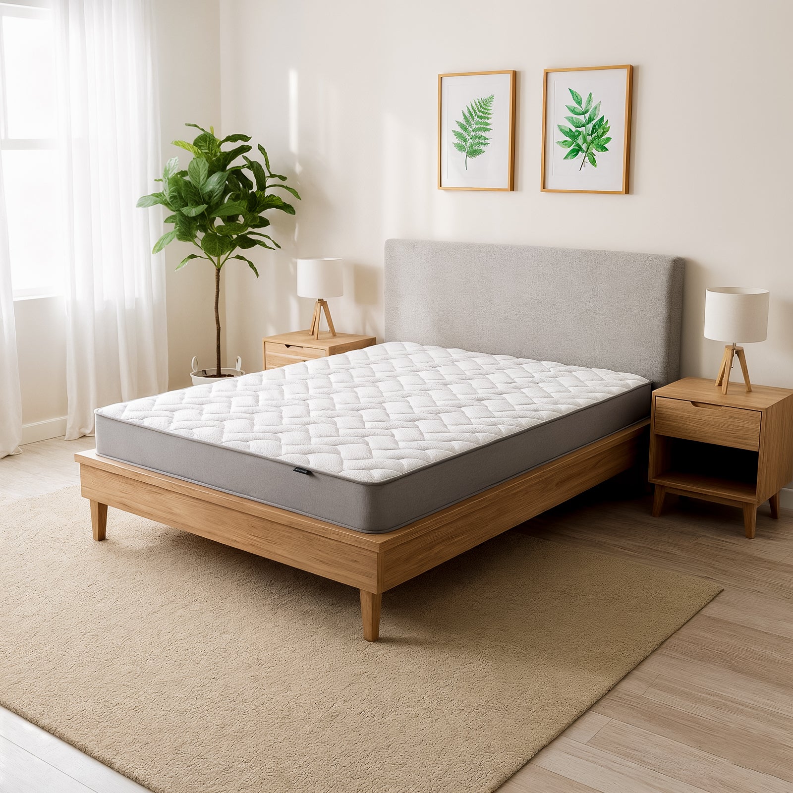 The Vesta Single 20cm Pocket Spring Latex Mattress in Medium Firm is shown on a light-wood bed frame. It features a white quilt-top and is part of a minimalist bedroom setup with botanical prints above.