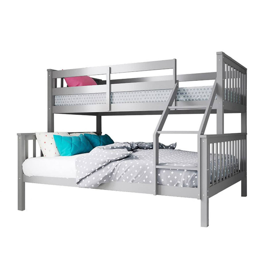 Nero Natural Pine Triple Bunk Bed – Grey, featuring a white bunk bed with a blue and white pillow, showing its versatile design with a single top and double bottom configuration.