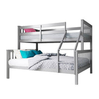Nero Natural Pine Triple Bunk Bed – Grey, featuring a white bunk bed with a blue and white pillow, showing its versatile design with a single top and double bottom configuration.
