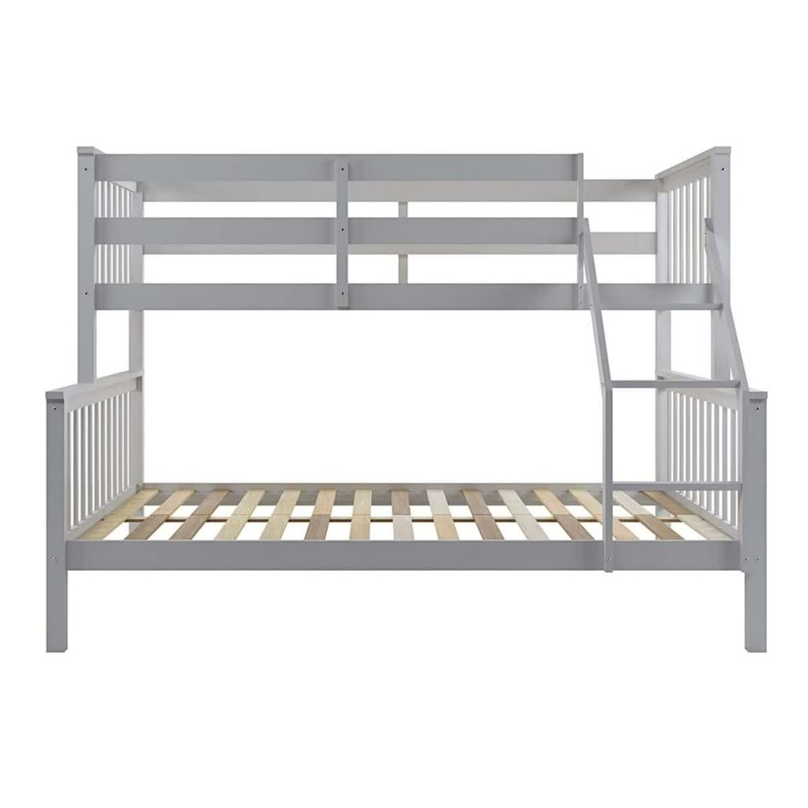 Nero Natural Pine Triple Bunk Bed – Grey, showcasing a sturdy white ladder and robust white frame, designed for a single top bunk and spacious double bottom bunk configuration.