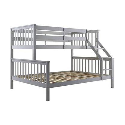 Nero Natural Pine Triple Bunk Bed – Grey, showcasing a sturdy pine construction with an integrated ladder and full-length guardrails, features a single top bunk and double bottom bunk for versatile sleeping arrangements.