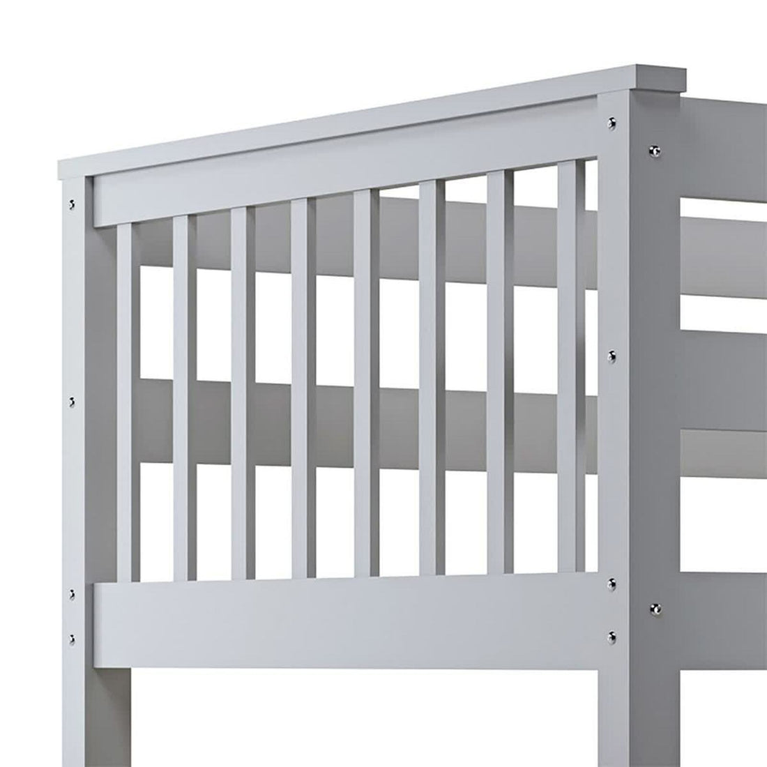 Nero Natural Pine Triple Bunk Bed – Grey, showing a close-up of its sturdy metal rails and solid pine construction, designed with a single top bunk and spacious double bottom bunk.