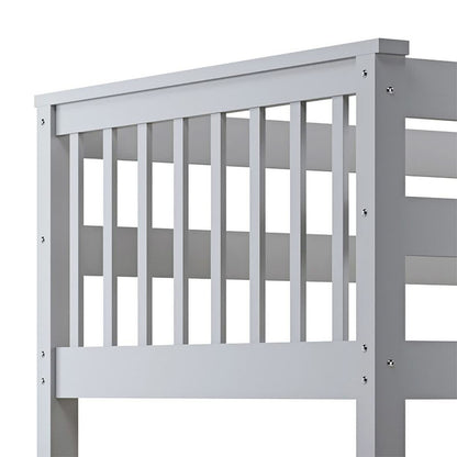Nero Natural Pine Triple Bunk Bed – Grey, showing a close-up of its sturdy metal rails and solid pine construction, designed with a single top bunk and spacious double bottom bunk.