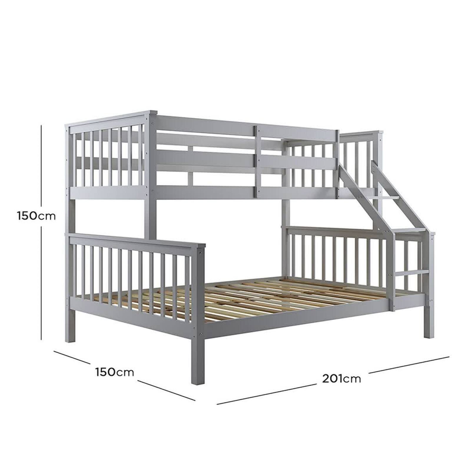 Nero Natural Pine Triple Bunk Bed – Grey, featuring a sturdy metal frame with wooden slats, single top bunk, and spacious double bottom bunk, complemented by safety guardrails and an integrated ladder.