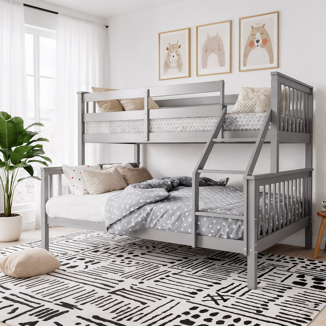 Nero Natural Pine Wood Triple Bunk Bed in Grey, featuring a full-size lower bunk with gray bedding, twin-size top bunk with guardrails, slanted ladder, and neutral-tone throw pillows, enhancing bedroom space efficiently.