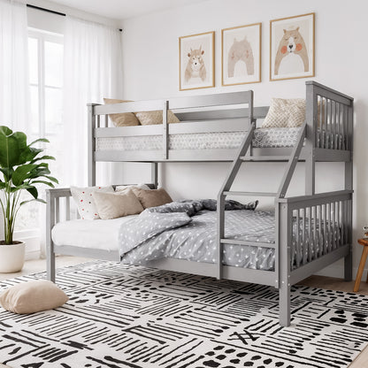 Nero Natural Pine Wood Triple Bunk Bed in Grey, featuring a full-size lower bunk with gray bedding, twin-size top bunk with guardrails, slanted ladder, and neutral-tone throw pillows, enhancing bedroom space efficiently.