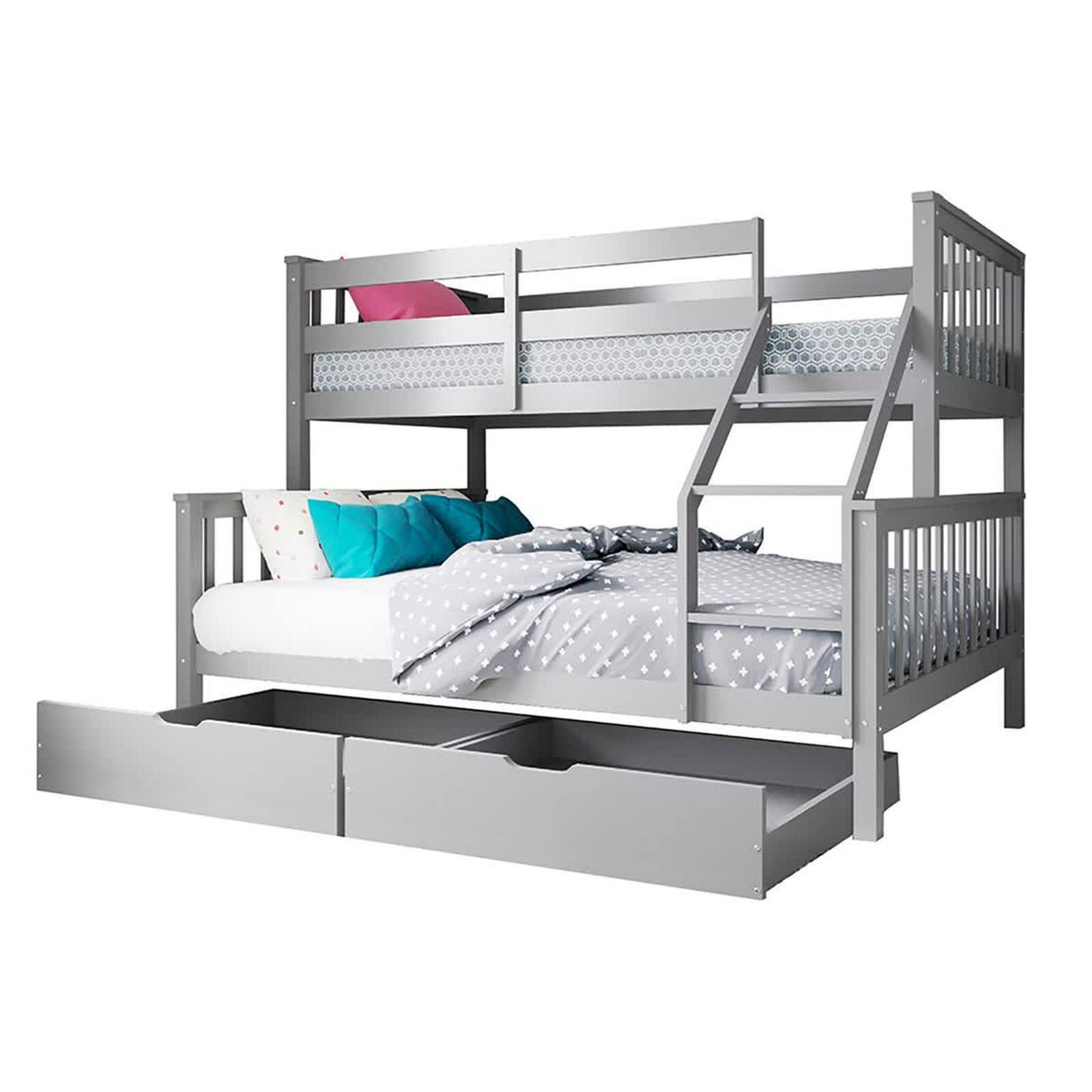 Nero Natural Pine Triple Bunk Bed with Storage Drawers Grey, showcasing a solid timber frame with integrated ladder, slatted headboard, and two large storage drawers under the bottom double bed.