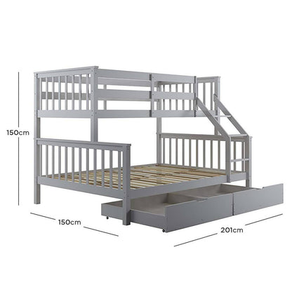 Nero Natural Pine Triple Bunk Bed with Storage Drawers Grey features a white bunk bed with integrated drawers, showcasing a vertical slatted headboard and wooden slats, emphasizing sturdy and practical design.