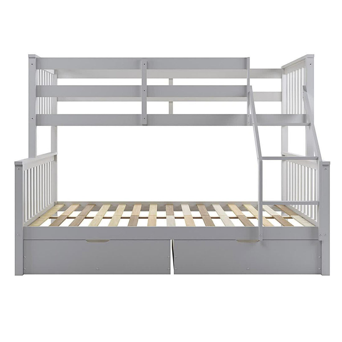 Nero Natural Pine Triple Bunk Bed with Storage Drawers Grey, featuring a sturdy ladder, vertically slatted headboard, and spacious under-bed drawers, perfect for maximizing space in shared kids' rooms.