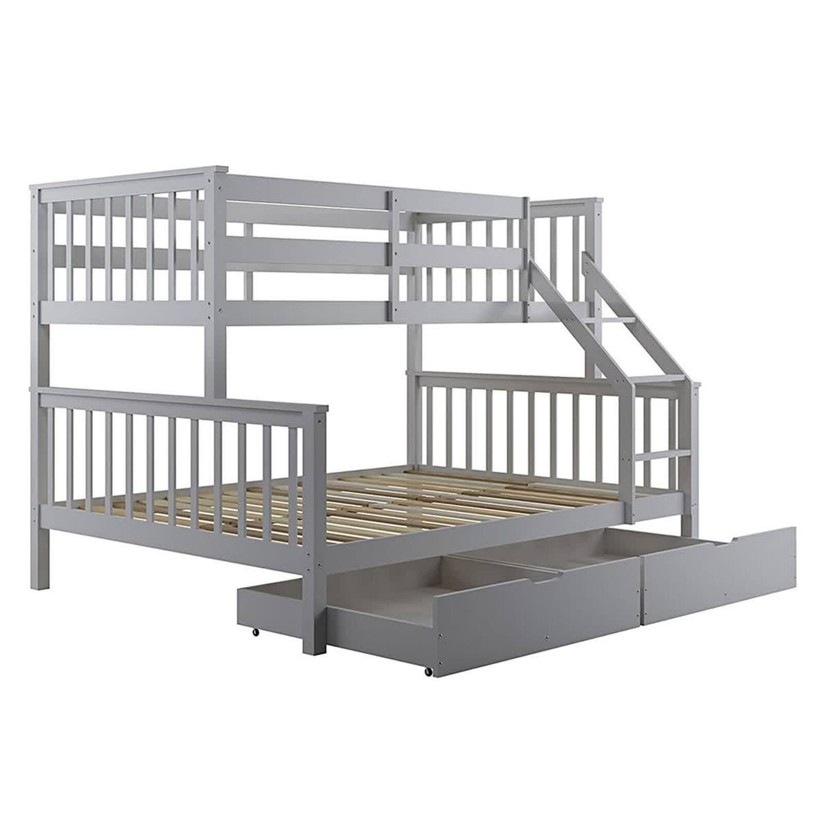 Nero Natural Pine Triple Bunk Bed with Storage Drawers Grey features a sturdy wooden frame with a single top bunk, double bottom bed, integrated ladder, and two storage drawers for space efficiency.