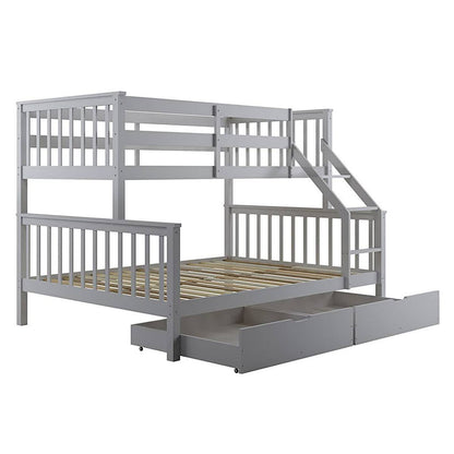 Nero Natural Pine Triple Bunk Bed with Storage Drawers Grey features a sturdy wooden frame with a single top bunk, double bottom bed, integrated ladder, and two storage drawers for space efficiency.